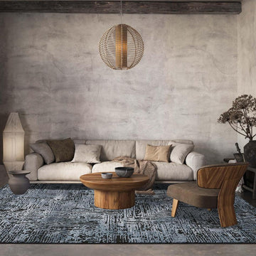 Belgravia Illusion BLG02 Modern Abstract Distressed Blocks Metallic Shimmer Soft Textured Hi-Lo Polyblend Short Pile Deep Navy/Steel Blue/Black/Ash Grey/Pale Sky Rug-Desire Rugs-Rug Love - The Most Loved Rug Store